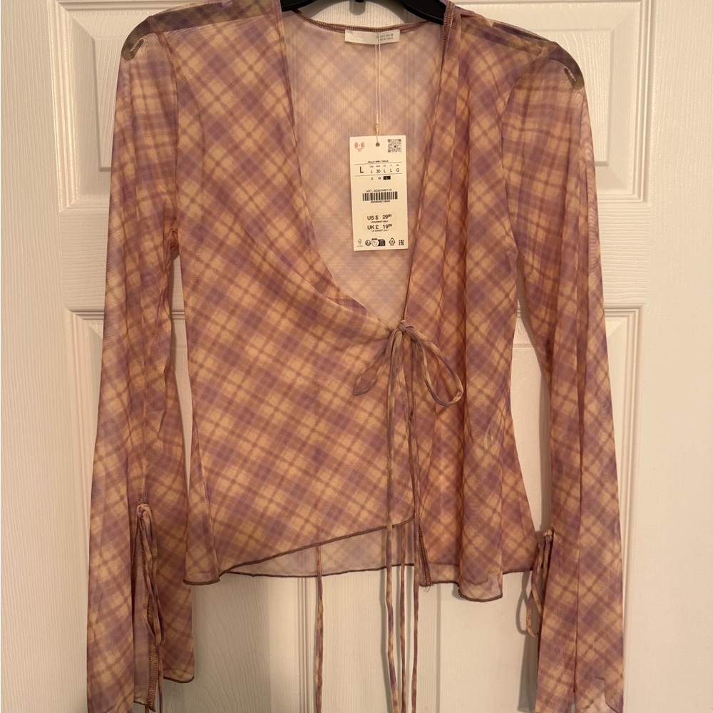 Zara TULLE Plaid Long Sleeve Top - Picture 6 of 6
